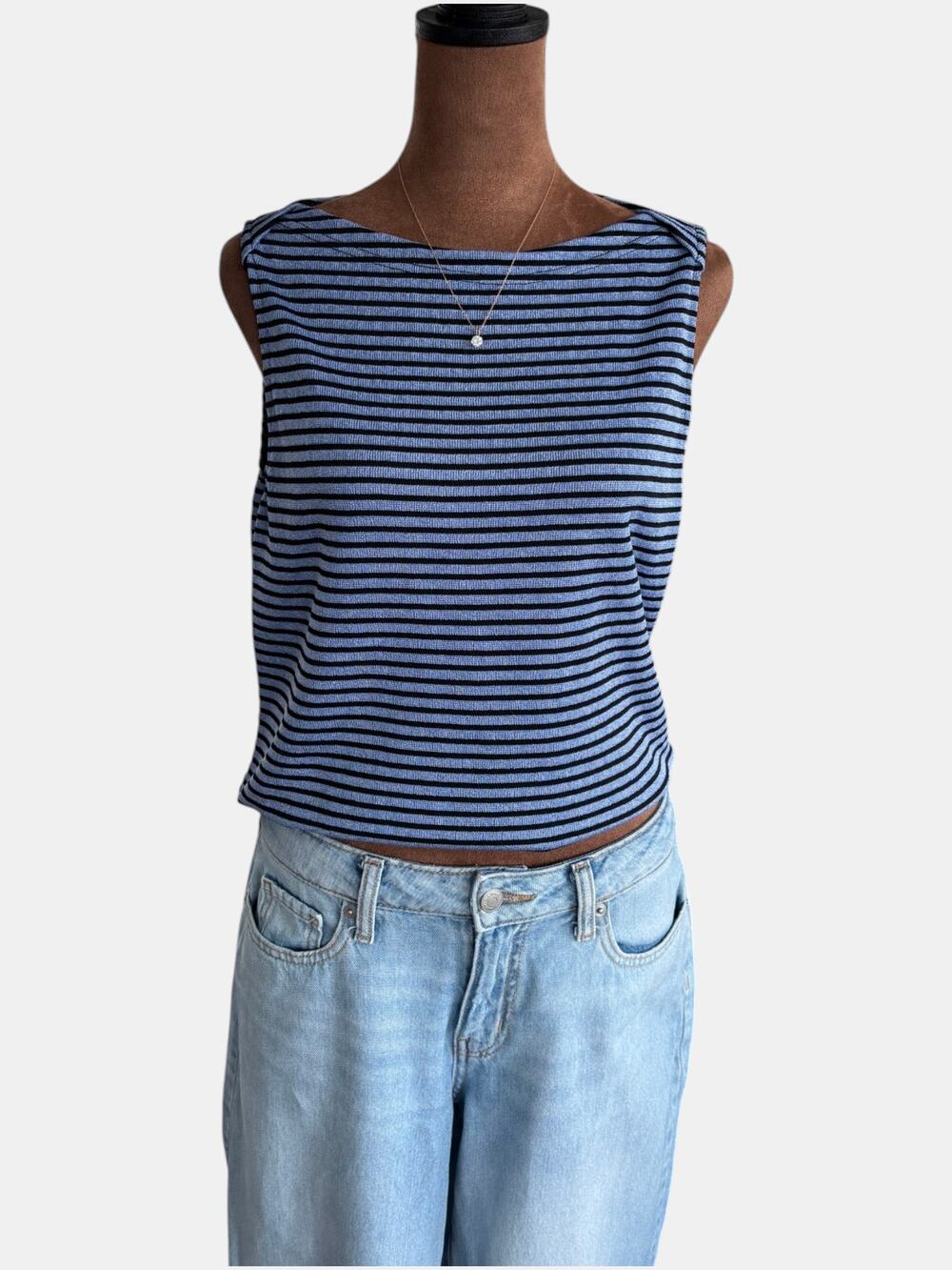 90s Vintage Positive Attitude Nautical Blue Striped Boat Neck Top Summer Size 16
